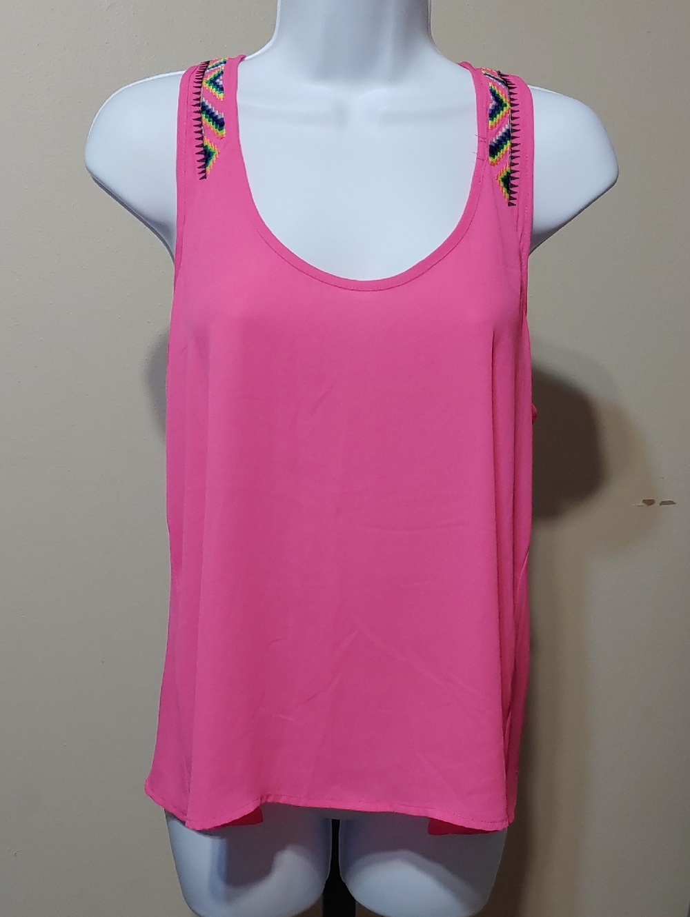 Eyeshadow Hot Pink Tank Top with Multicolor Embroidery Shoulders